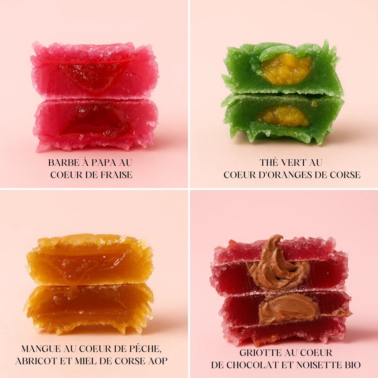 4 fleurs comestible en sucre avec un coeur de fraise, orange, chocolat et abricot