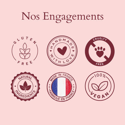 Visuel des engagements Quartz Boutique : fait main, végan, fabriqué en France, sans colorant artificiel.